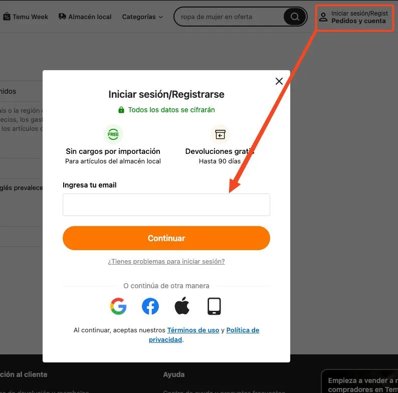 registrarse en temu